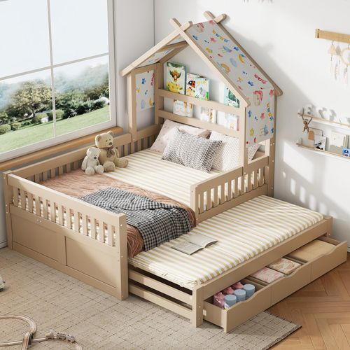 Kinderbett Hausform mit Ausziehbett, 140x200 cm, 3 Schubladen, Sicherheitsgitter, Cremefarben, Stabile Holzbauweise
