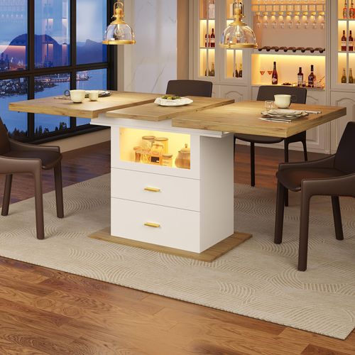 Ausziehbarer Esstisch mit LED, App-steuerbar, 110-140 cm, 110 x 80 x 75 cm, Weiß