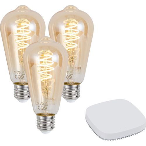 QAZQA 3er-Set smarte E27 dimmbare LED-Glühbirne ST64 4,9W 320 lm 2500K inkl. Zigbee Smart Hub