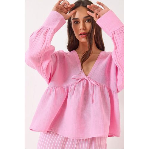 Strukturierte V-Ausschnitt-Crop-Bluse mit Schleifenband