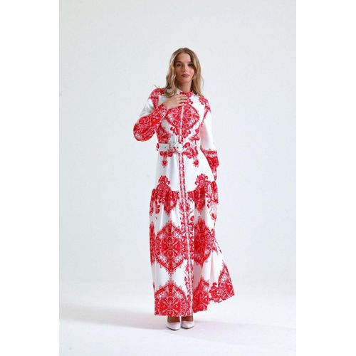 Paisley-print maxi-jurk met strikceintuur en kraag