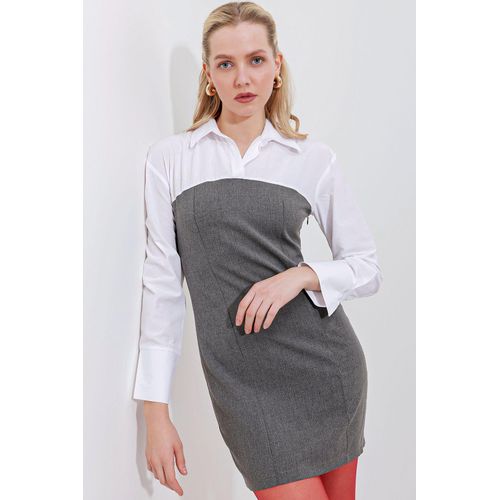 Kleurgebloekte Mini-jurk met Hemdcol en Lange Mouwen