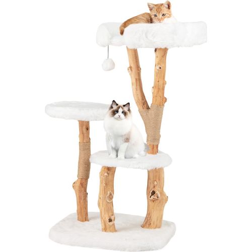 GOPLUS Kratzbaum aus Holz, 4-stöckiger Katzenbaum mit 2 runden Sprungplattformen, breiter Sitzfläche Oben, 59 x 49 x 110 cm, Natur + Weiß