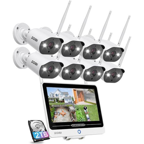 ZOSI 3MP Überwachungskamera Set Aussen WLAN mit 12.5" Monitor, 8CH 2TB HDD NVR, 8X WiFi Überwachungskamera mit 2 Wege Audio, Spotlight Alarm, 30M Nachtsicht in Farbe