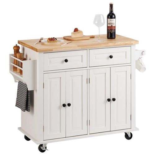 Kitchen Island Cart with Solid Wood Top, 35.4" Width Mobile Carts with Storage Cabinet, Rolling Kitchen Table with Spice Rack, Towel Rack, and Drawer, Portable Islands on Wheels, White