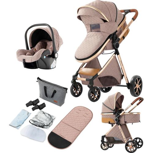 Luxus Kombi-Kinderwagen - 4 in 1 Babyschale und Buggy - 170° Liegesitz - großer Liegekorb - atmungsaktives Verdeck - leicht faltbar - khaki