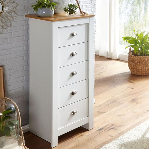 Schubladenkommode 53cm mit 5 Schubladen in MDF Weiß mit Eiche Kommode Sideboard