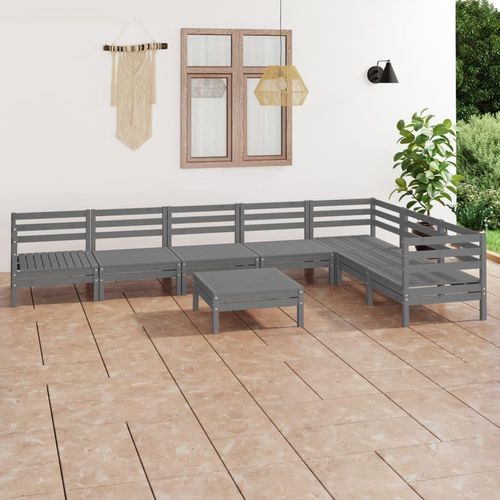 [Home] 8-tlg. Garten-Lounge-Set Massivholz Kiefer Grau , Neue Mode 2024 im häuslichen Leben