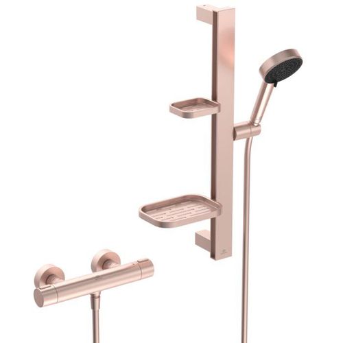 Ideal Standard Alu+ Ceratherm Brausekombination BE227RO mit Brausethermostat, Brausestange 60cm, 2F-Handbrause, 8l, rosé