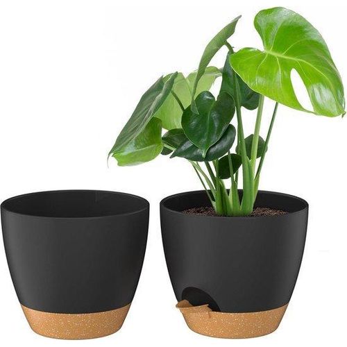20 cm Selbstwassende Pflanzgefäße mit Wasserzuleitung und Drainageschlitzen - Innen Außen Pflanzen - Schwarz Set von 2