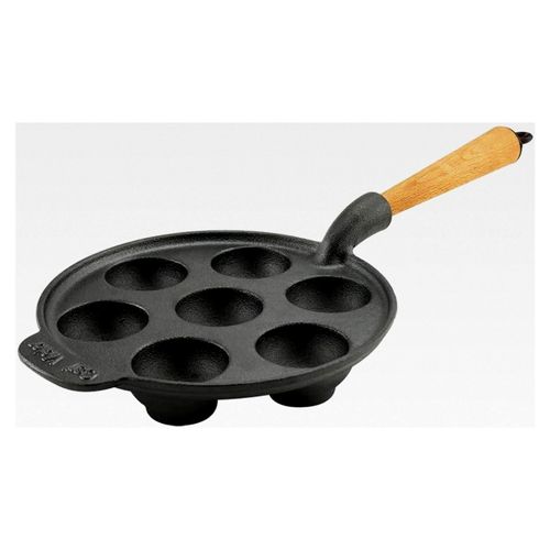 Krapfenpfanne Poffertjespfanne 22 cm Gusseisenpfanne mit hellem Holzgriff