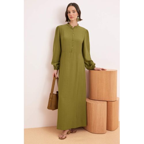Groene platte maxi-jurk voor dames, lange A-lijn model, geschikt voor hijab.