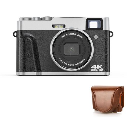 Retro Digitalkamera - Kompaktkamera - 48 MP - 4K Video - 16x Zoom - Integrierter Blitz - AF Autofokus - 32 GB Karte + Kameratasche - Schwarz