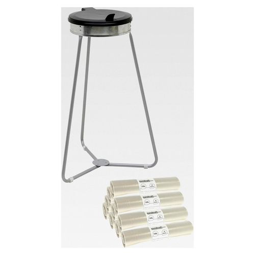 Müllsackhalter mit Abfallsäcken | Volumen 120 l | 10 Rollen à 25 Stück | Deckel schwarz | Abfallsäcke transparent