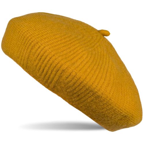 Baskenmütze STYLEBREAKER "Feinstrick Baskenmütze mit Streifen Muster", Damen, gelb (curry), Obermaterial: 100% Polyacryl PAN., Modisch, Mützen