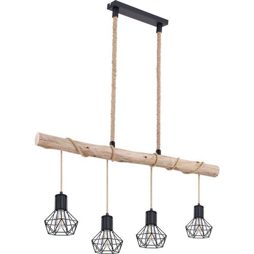 LED Hängelampe, Käfig, Holzbalken natur, Hanfseil, H 120 cm