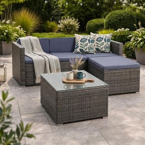 Rattan Lounge Sitzgruppe Gartenmöbel Set Sofa Couch 3-Sitzer Rattanmöbel Grau