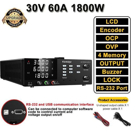 DC Labor-Netzgerät - R-SPS3060S-232 - 0–30 V 60 A - 2000 W - Einstellbare Ausgangsspannung - OCPSchutz - Speicherfunktion RS232