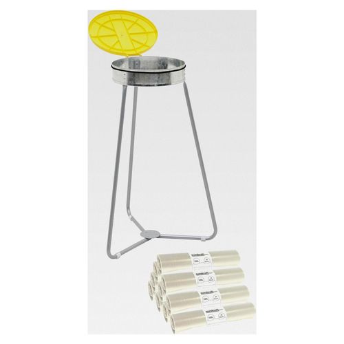 Müllsackhalter mit Abfallsäcken | Volumen 120 l | 10 Rollen à 25 Stück | Gelber Deckel | Transparente Abfallsäcke