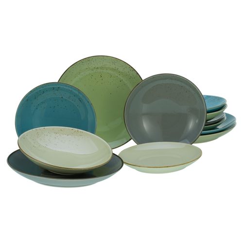 Tafelservice CREATABLE "Geschirr-Set NATURE COLLECTION", bunt (grau, blau, grün, sand), 12 Stk., Steinzeug, Geschirr-Sets, Tafelservice, Teller Set, Service, 12 Teile, für 4 Personen