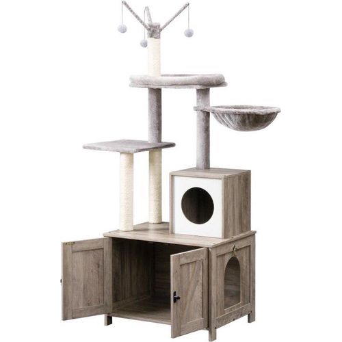 Kattenspielhaus mit Tür und Schlüssel - kattensitzbank - kattenzuhause mit Klettergerüst und Hängematte - graues Kattenspielzeug - alles-in-éinen Kattenspielplatz - 60cm x 150cm x 48cm