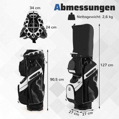 Golf Cart Bag, 14-fach Unterteilung, 11 Taschen, Schwarz