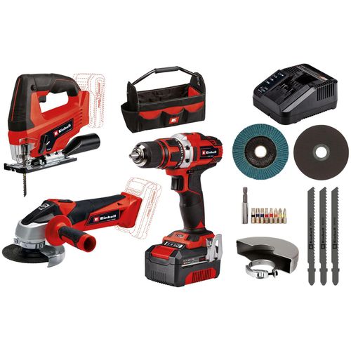 Elektrowerkzeug-Set EINHELL "TE-TK 18/3 Li Kit (JS+CD+AG)", rot (rot, schwarz, weiß), Werkzeugmaschinen-Sets, Akku-Bohrschrauber, -Winkelschleifer und -Stichsäge, Tasche
