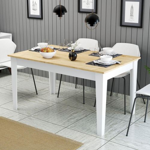 Skye Decor, Hochwertiger Esstisch, 145 x 75 x 88 cm, 100% melaminbeschichtete Spanplatte, 18 mm dick, Beine aus melaminbeschichtetem Holz, Weiß und Eiche, Modernes Design.