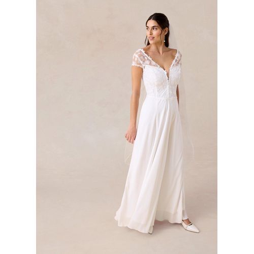 bonprix Brautkleid mit Spitze, weiß, Gr.54, Bezauberndes Brautkleid in Maxi-Länge mit floraler Stickerei und Spitzen-Einsatz im Oberteil