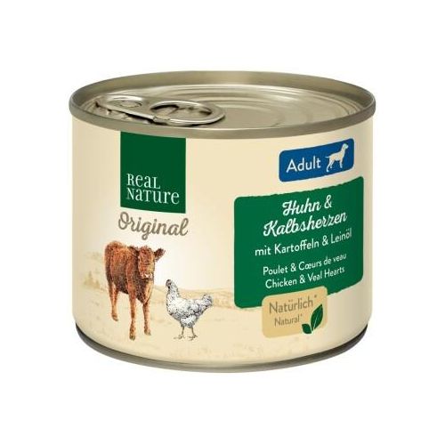 REAL NATURE Nassfutter Hund, Adult, Kalbsherzen und Huhn 24x200 g
