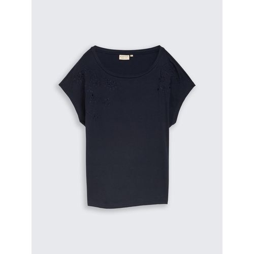 TOM TAILOR Damen T-Shirt mit Lochstickereien, blau, Uni, Gr. XS