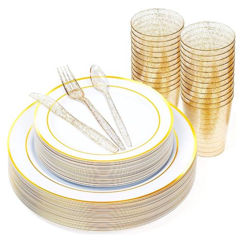 150-teiliges Mehrweg-Partygeschirrset in Weiß und Gold für 25 Gäste - 25 Plastikteller, 25 Dessertteller, 25 Löffel, 25 Gabeln, 25 Messer und 25 Partybecher - für Hochzeiten, Geburtstage und Partys