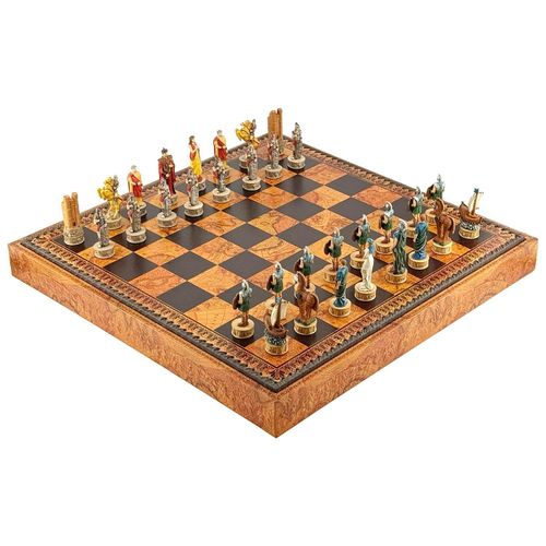 Exklusives Schachset "Trojanischer Krieg", 8 cm - Italfama + Italienisches 3-in-1-Spielbrett, 48 cm