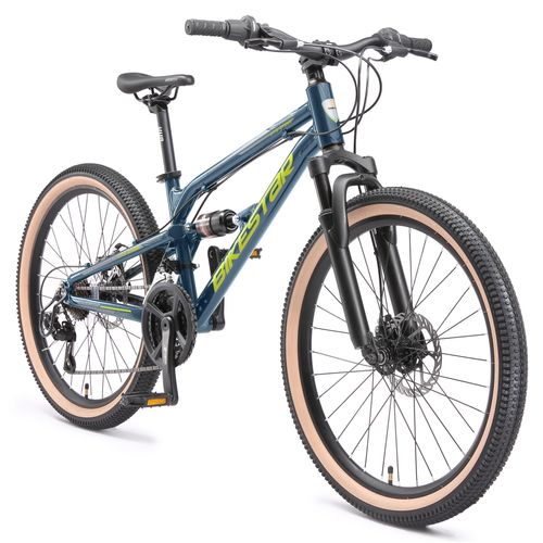 BIKESTAR Alu Kinder Jugend Mountainbike Vollgefedert, 21 Gang Shimano, 24 Zoll ab 9 - 10 Jahre | Fully MTB Scheibenbremse | Grün