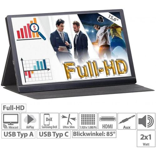 auvisio EZM-210 (ZX-5067-675) Tragbarer Monitor Mobiler Full-HD-IPS-Monitor, 39,6 cm 15.6" Mirrorlink & AirPlay