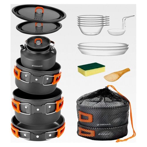 Camping Geschirr Set 15-teilig, Outdoor Kochgeschirr Set mit 2 Töpfen, Bratpfanne und Wasserkocher für 4-5 Personen