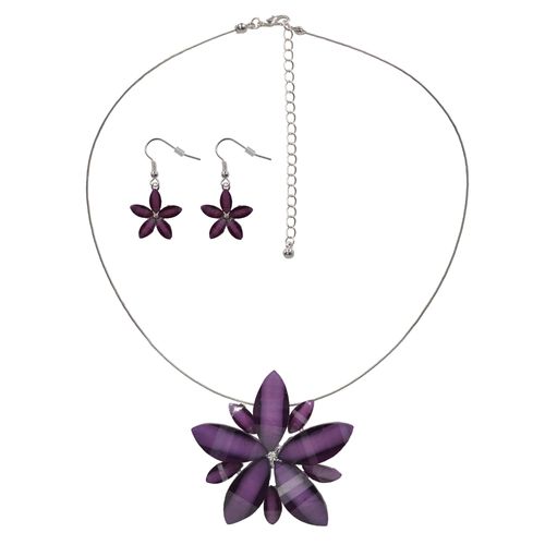 Paar Ohrhaken STEUER "Set aus Collier und Ohrhaken Blüte lila", Damen, Gr. one-size, Metall, lila (violett, weiß), Ohrringe