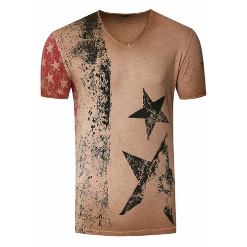 USA T-shirt met sterren en strepen en V-hals in gebruikte look