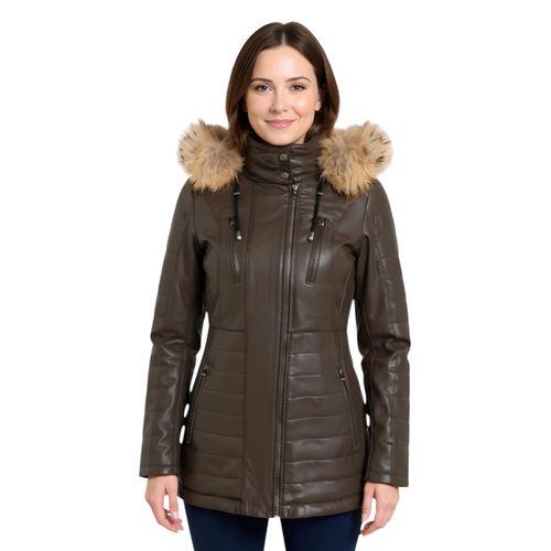 Dames Bruine Gewatteerde Leren Parka Jas - Bowen