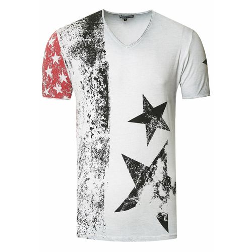 USA T-shirt met sterren en strepen en V-hals in gebruikte look