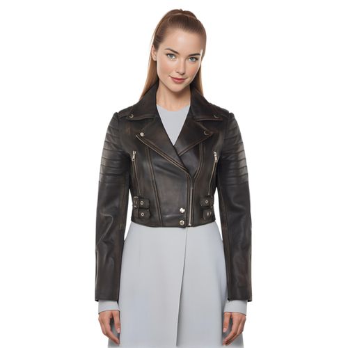 Vintage zwarte cropped Brando leren bikerjack voor dames - Bellville
