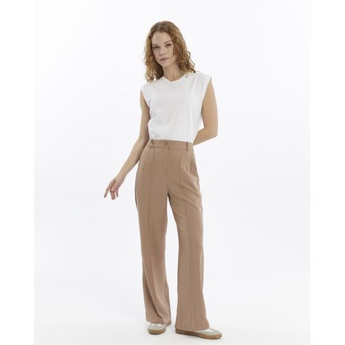 Damen Doppelt Krepp Grasnaht Detailed Tasche Palazzo-Hose Nerz
