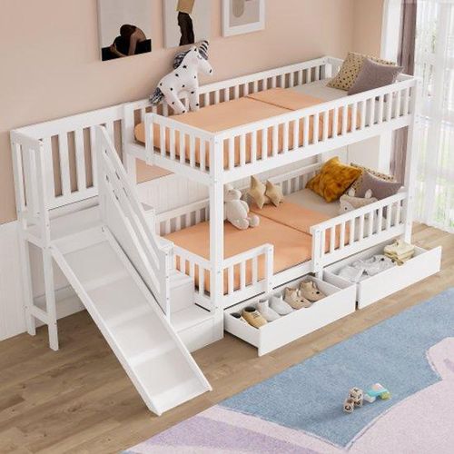 Doppelbett für Kinder, zweizimmer Bett, multifunktionales Kinderbett, mit Rutsche und Treppen, mit 2 Schubladen, mit magnetischer Tür, ohne Matratze, massiver Holz, weiß, 90*200