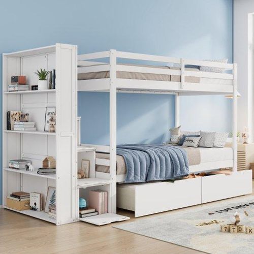 Kinderstapelbett mit Aufbewahrungsplattform & Aufbewahrungsleiter & zwei Schubladen, 90*200cm, multifunktional, große Aufbewahrungsfläche, ohne Matratze, Holz + MDF, weiß