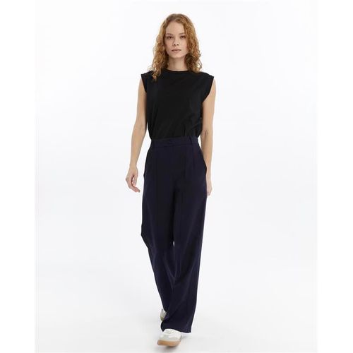 Damen Doppelt Krepp Grasnaht Detailed Mit Taschen Palazzo-Hose Marineblau