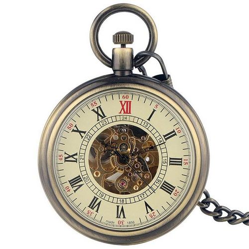 Mechanisch bronzen skelet antiek open zakhorloge