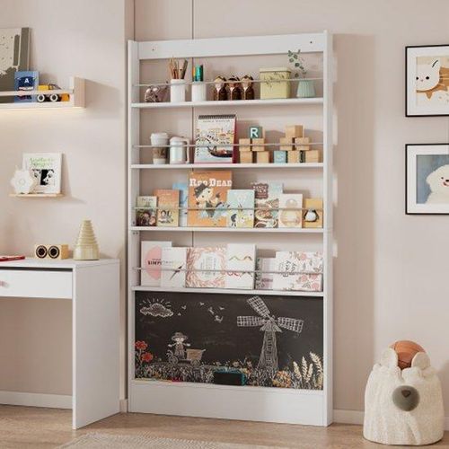 Bibliothekskast, Displaykast, Kinderzimmerbibliothek, Kast mit 4 Regalen, schwarz, kantelbe-schutz, Raum-spar, 100x10x180 cm