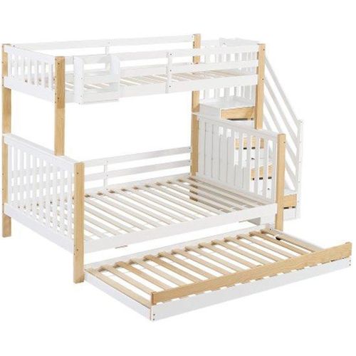 Kinderbett mit Sicherheitsgurten und Geländer, drei Schlafpositionen, Ausziehbett, Weiß und Natur.