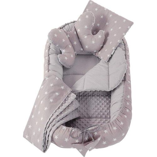 Famanu Babynestset 5-teilig 100 x 60 x 15 cm - Graue Sterne mit grauem Minky