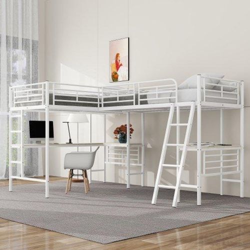 Doppelbett 90*200cm, zwei Stapelbetten, Tisch unter dem Bett, Doppeltrappe, hohe Leiste, weiß